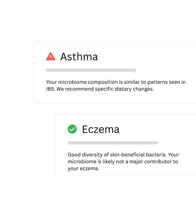 Microbiome health condition associations — eczema, IBS, asthma, and autoimmune markers