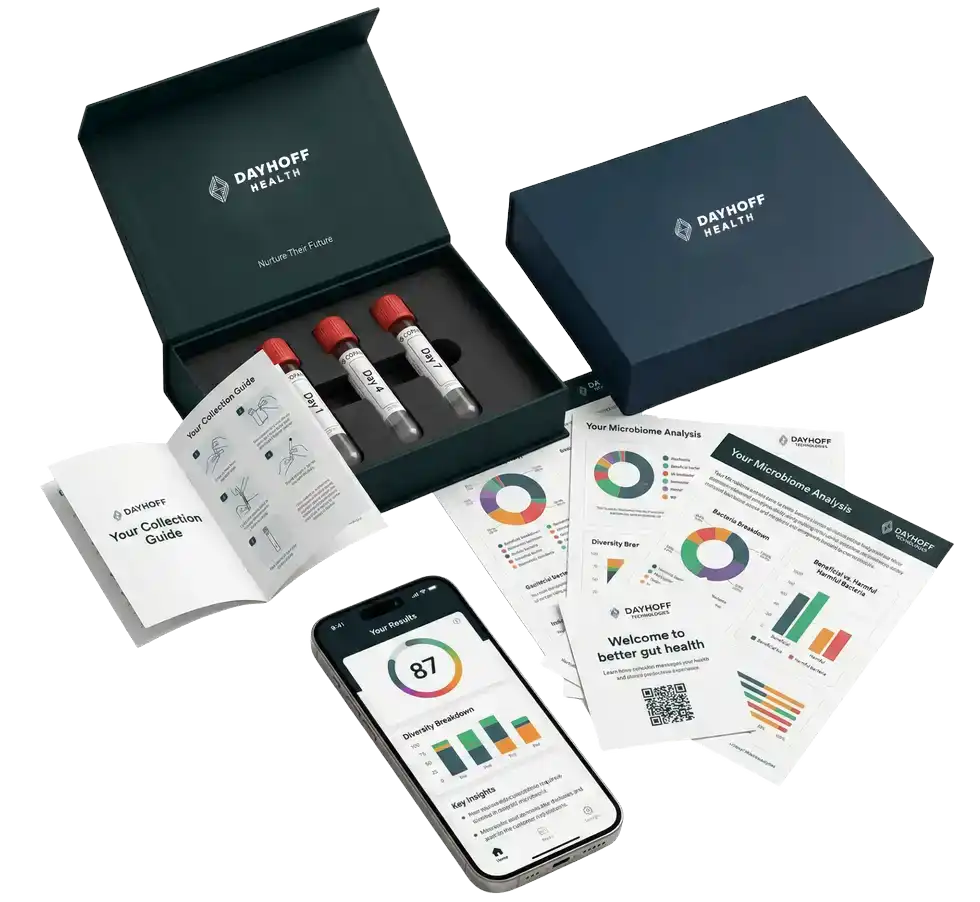 Dayhoff at-home microbiome test kit with collection tubes